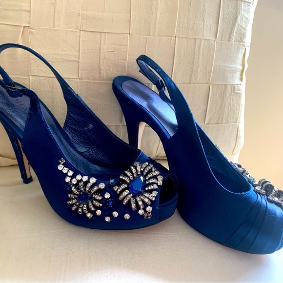 Royal navy blue embellished satin platform evening heels. - Picture 4 of 6